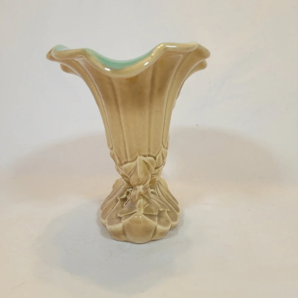 VTG Red Wing Pottery #1097 Cornucopia Ceramic Vase Tan Turquoise MCM‎ 1950s